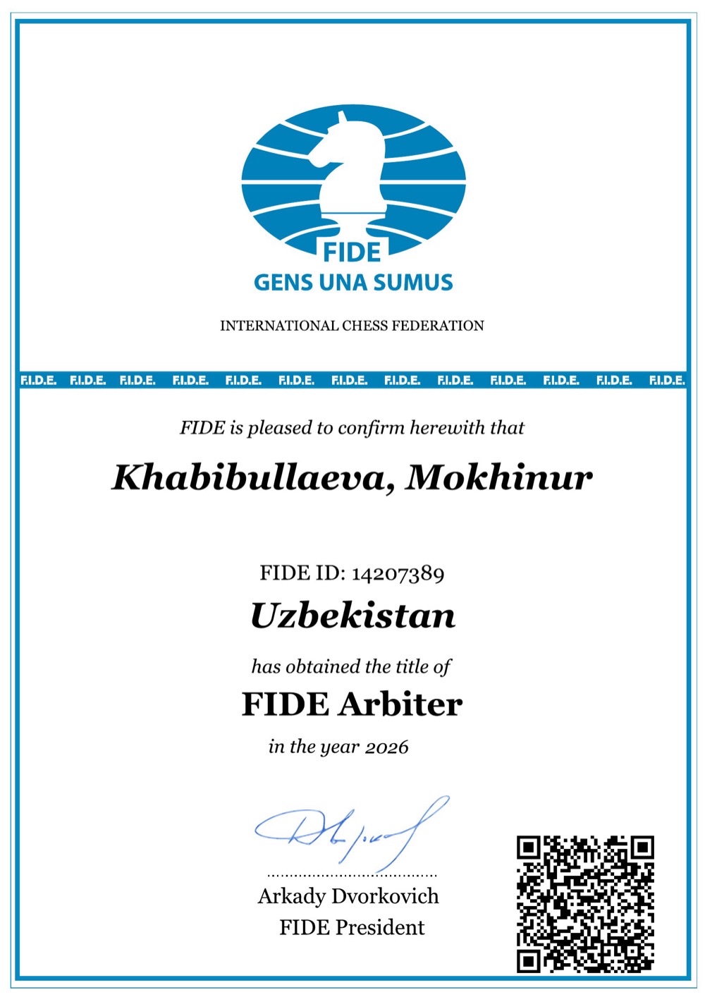 FIDE Arbiter certificate — Khabibullaeva, Mokhinur, 2026